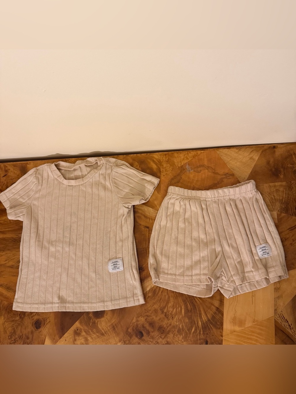 Matching Set Tee Shirt Shorts Beige Ribbed Preppy 5-6years